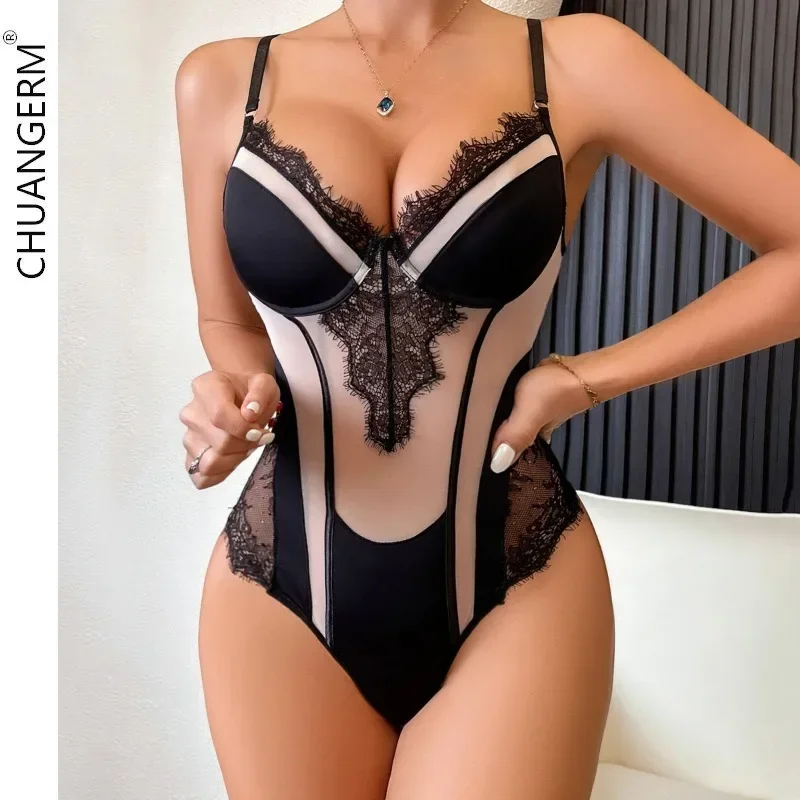 CHUANGERM Sexy Lingerie Open-back Gauze See-through Lace Patchwork Color Matching Jumpsuit Woman Sexy Lingerie Bodysuit Lingerie