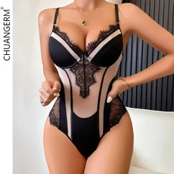 CHUANGERM Sexy Lingerie Open-back garza trasparente pizzo Patchwork colore abbinato tuta donna Sexy Lingerie body Lingerie