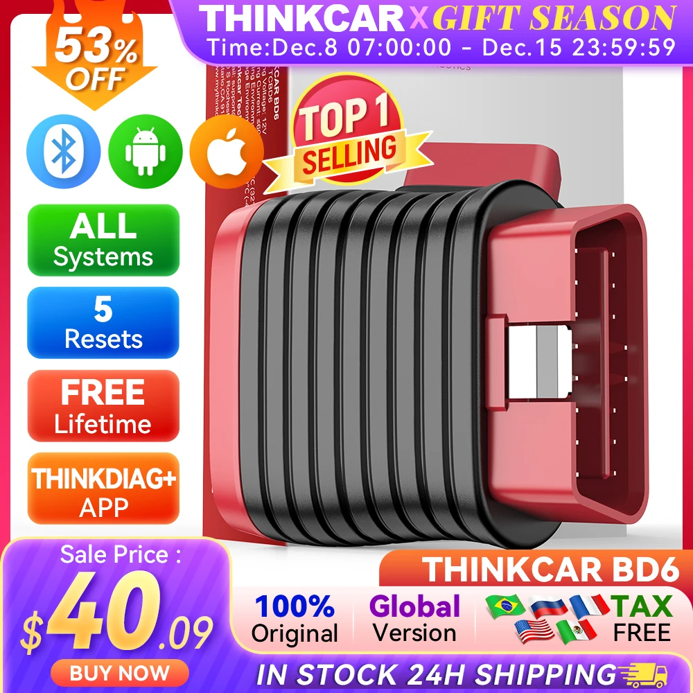 THINKCAR BD6 Bluetooth-сканер, автомобильный диагностический инструмент, сканер OBD2, полная диагностика системы 5, сброс, бесплатная автоматическая