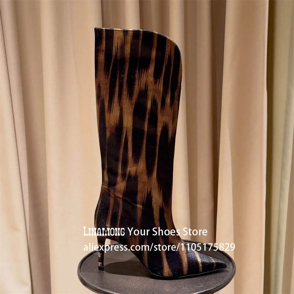 

Tiger Print Silk Velvet Knee Boots Sexy Style Pointed Toe Boots Designer Stiletto Knee High Boots Women's Slip on Handmade Boots