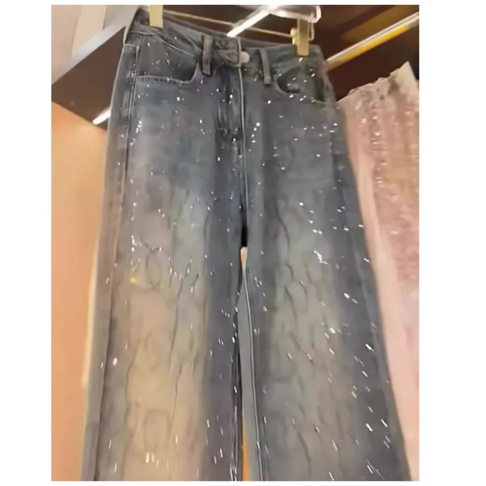 Jeans Berlian Wanita 2025 Celana Kaki Lebar Paku Keling Berkilau Trendi Musim Semi Musim Gugur Celana Denim Longgar Lurus Wanita