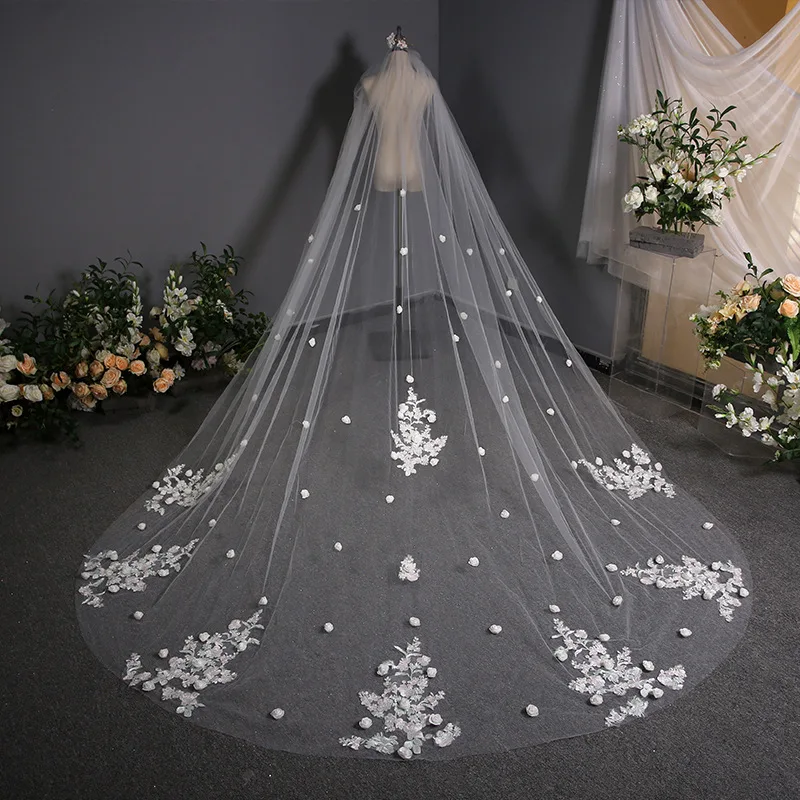 

Bridal Wedding Long Mop Veil Headdress Pure White Lace Printed Princess Wedding Veil