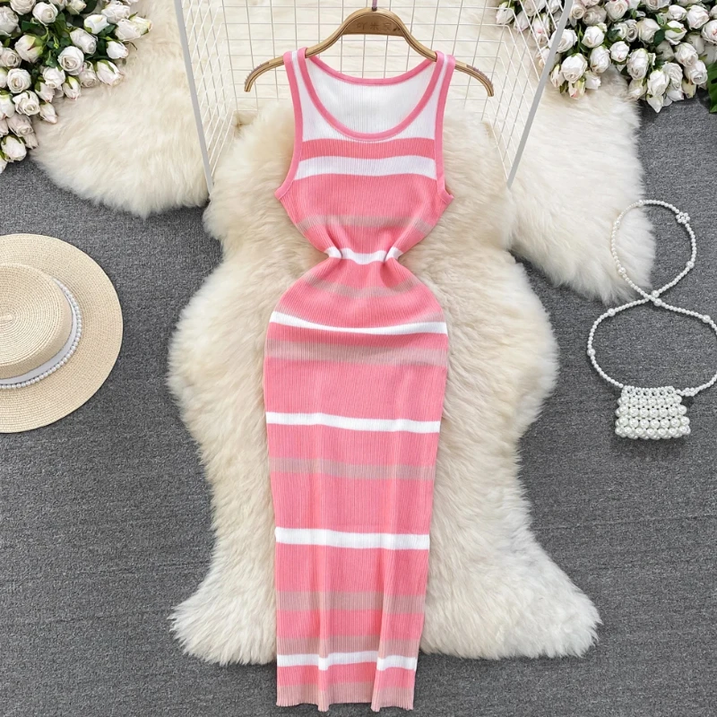 Chic Stripe O-neck Knit Elastic Bodycon Dress Sexy Beach Vacation Sundress Women Casual Slim Pencil Vestidos Maxi Long Dress