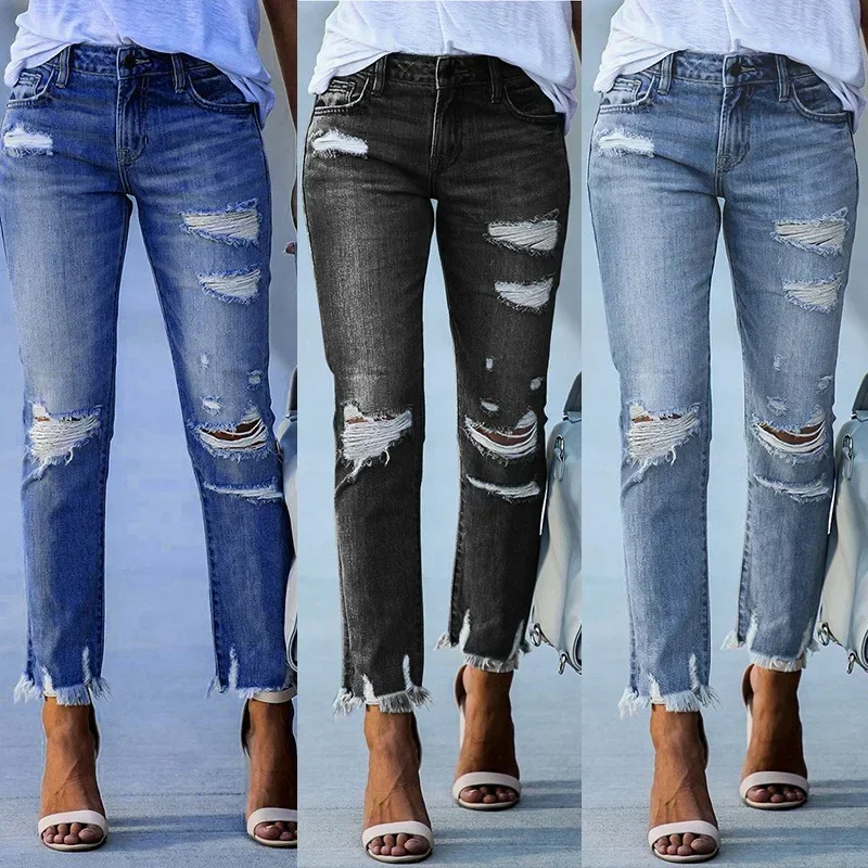 

Women Jeans Washing Pencil Pants Denim Holes Mom Y2k Tassel Zipper Fly Pockets Slight Strech Slim Streetwear Spring Summer