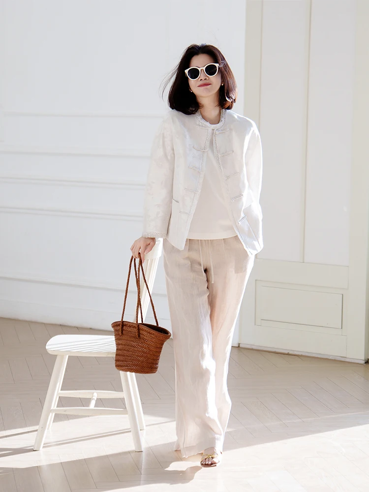 

VI l Linen Straight Leg Casual Pants Breathable Loose Waist Sand Waed Casual Trousers for Women Summer Thin