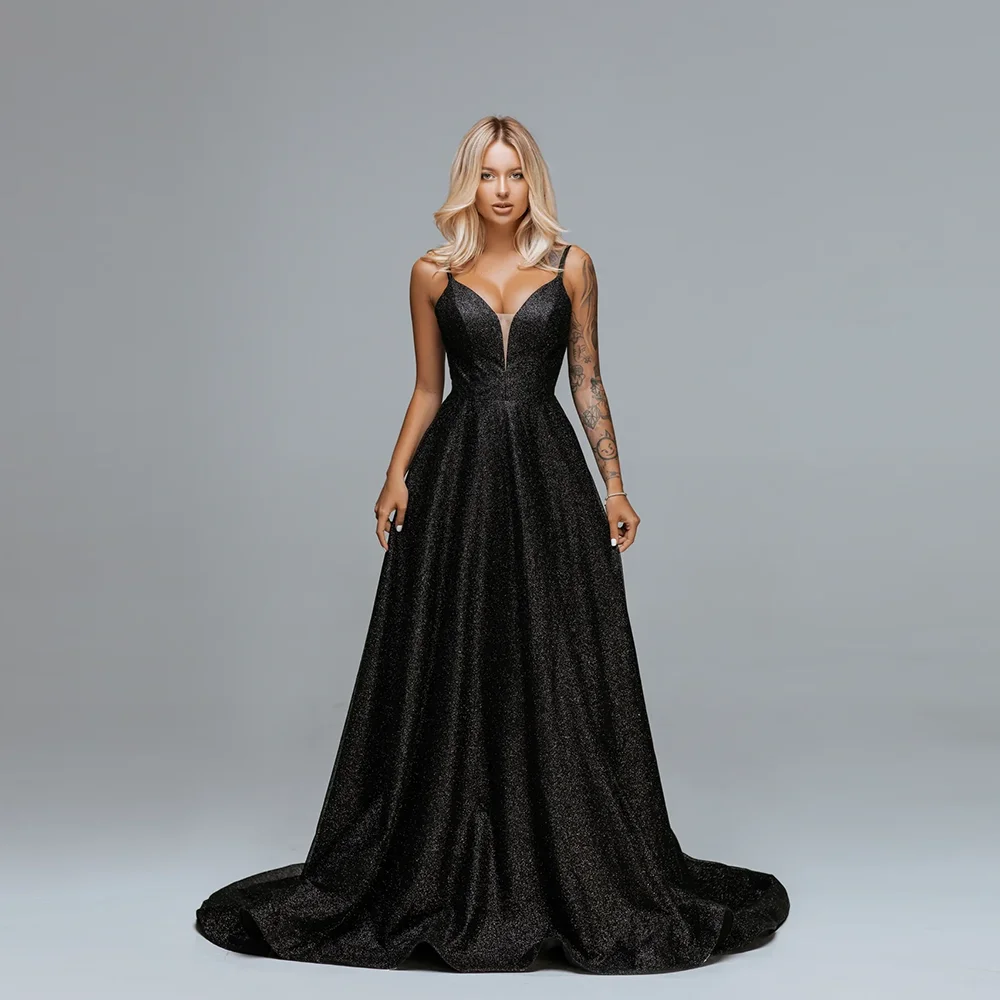 

Shiny Spaghetti Straps V-neck Sequins A-line Evening Party Dress Backless Court Prom Cocktail Gown for Women vestidos de festa