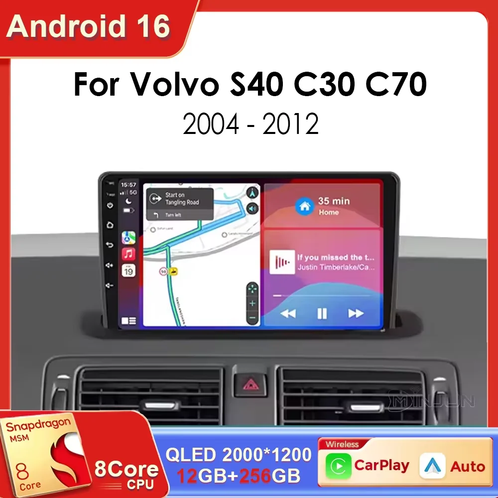 Radio para Auto con Android 16 y Carplay Inalámbrico para Volvo S40 C30 C70 2004-2012, Reproductor Multimedia, 8 Núcleos, 2 DIN, GPS, Navegación, Unidad Principal