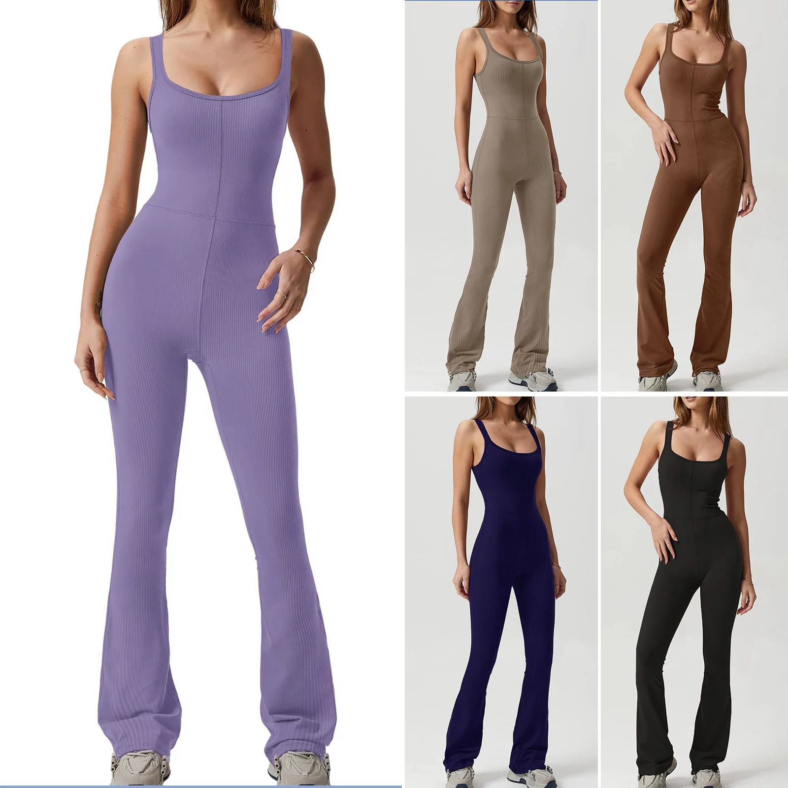 

New Tight Elastic Solid Color One-piece Pants Wide-leg Peach Butt Running Fitness Yoga Bodysuit Sexy Backless Jumpsuits