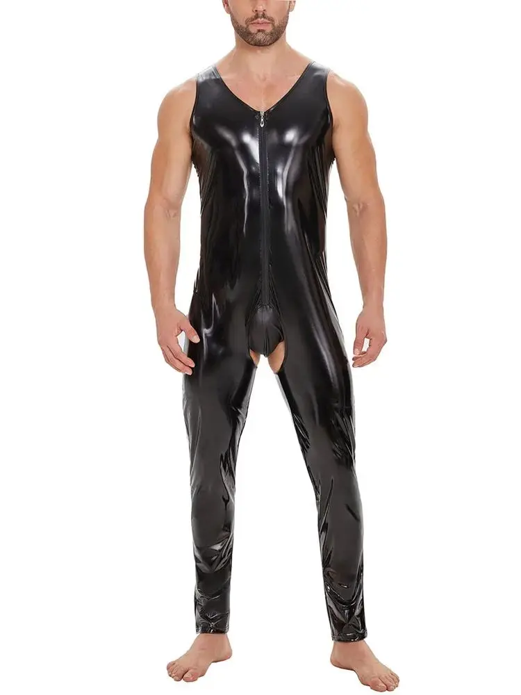 

Unisex S-7XL Sleeveless Shiny Faux PU Leather Open Crotch Bodysuit Wet Look PVC Catsuit Tigths Sexy Leotard Conjoined Jumpsuit