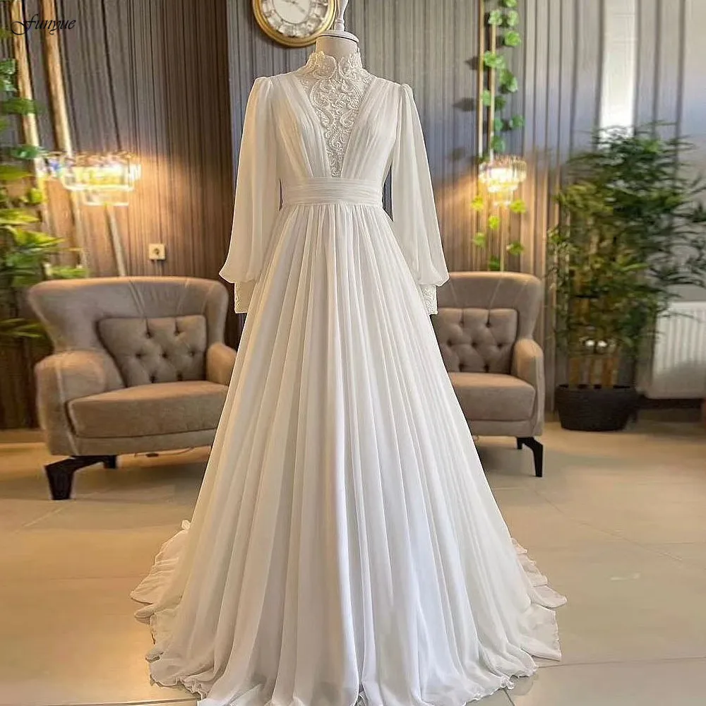 Funyue-vestido de novia musulmán de gasa con perlas para novia, vestido de novia Hijab de manga larga de Dubái con cuello alto, novedad de 2024 suknia ślubna