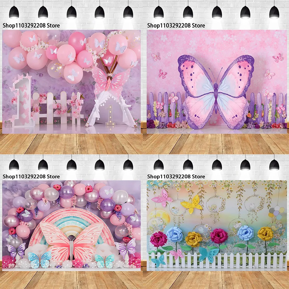 Flowers Balloons Butterfly Theme Girls 1st Birthday Party Baby Shower Cake Smash  Portrait Photography Background Photo Studio