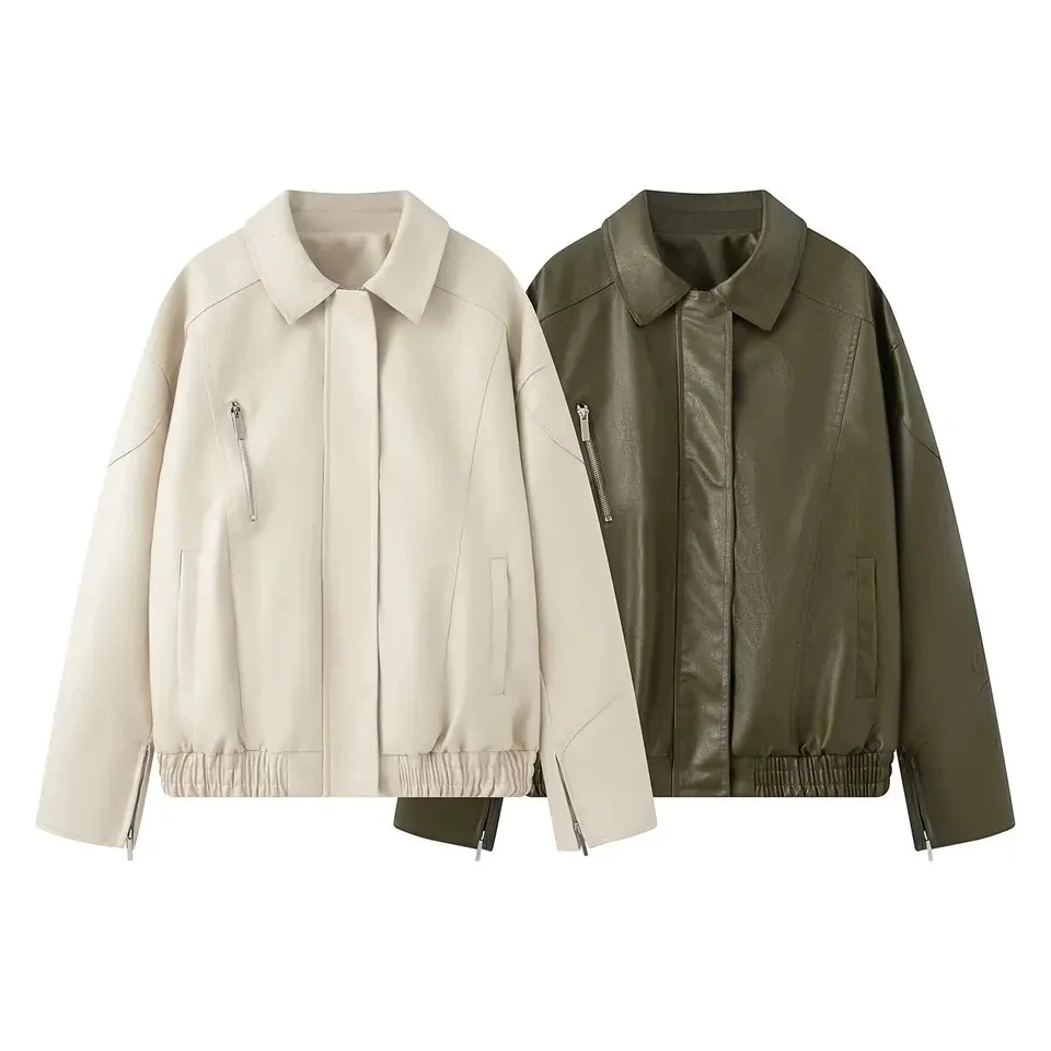 

2025 Autumn Winter New Women Short Turn Down Collar PU Leather Loose Casual Retro Style Multi Color Options