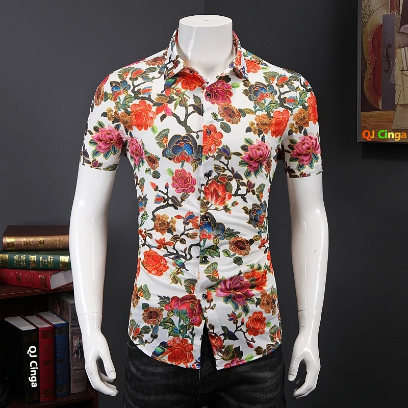 Mercerized Cotton Short Sleeve Shirt Men's, Summer Printed Shirts, Single Breasted Lapel Shirt for Men Camisa M-7XL