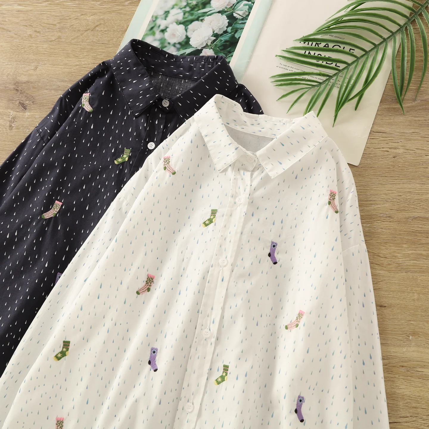 

Милая одежда из 100% хлопка, японские винтажные белые, темно-синие носки с рисунком капель дождя, блузки с длинными рукавами, женская рубашка оверсайз