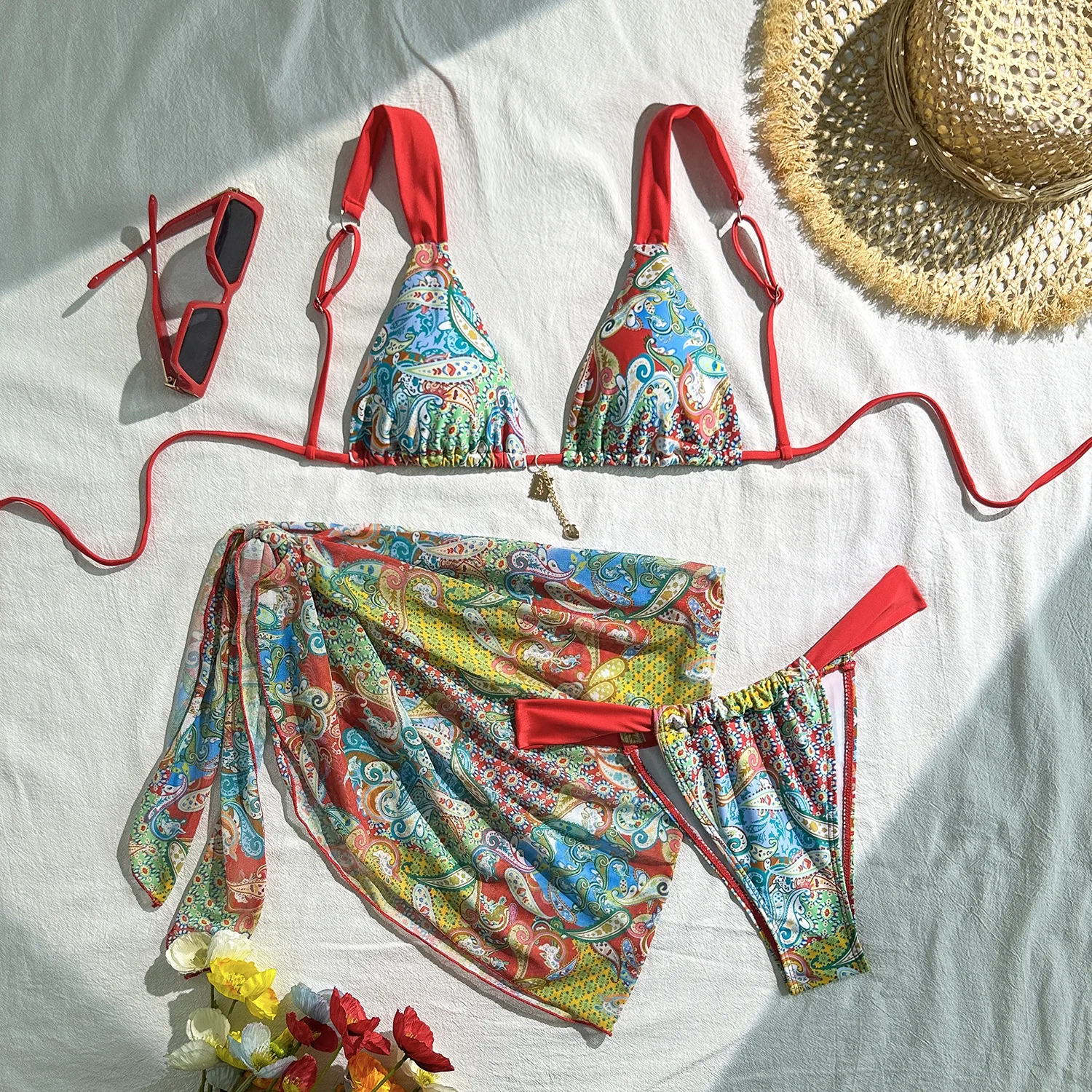 섹시한 플라워 프린트 백 타이 비키니 세트 3종 (커버 스커트, 끈 팬티 수영복 포함) 비치웨어 비키니 탱키니 트리키니