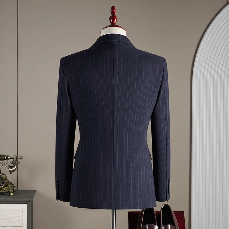 Trajes a rayas para hombre, 3 piezas, solapa con visera, doble botonadura, traje Formal de negocios para novio de boda, conjuntos de chaqueta, chaqueta, chaleco y pantalones