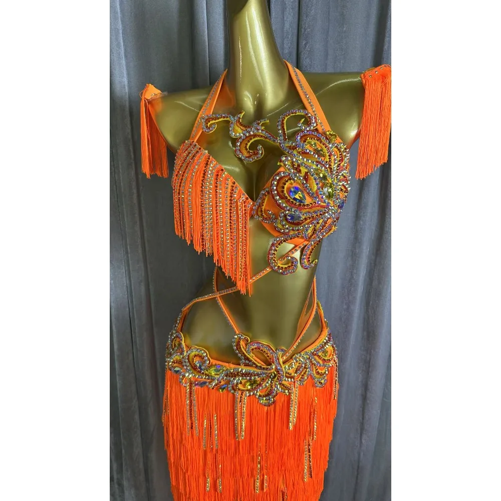 BellyDance Suit Embroidery Diamond Bra Split Fishtail Skirt Performance Set Custom Adult Child Competition Clothing Accessories