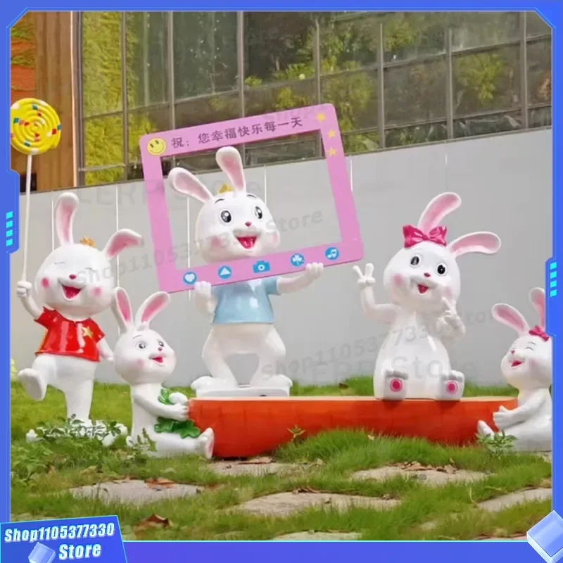 Cute Cartoon Rabbit Photo Frame FRP Sculpture Decorative Ornament for Shopping Mall Pedestrian Street Scenic Beauty Display
