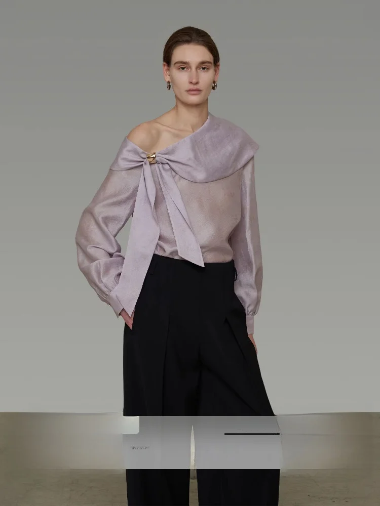 

Pastel Purple Women's Long Sleeve Loose Shoulder Design Shirt Spring Style Commute Simple Fashion Chinese Brand Unsspoken