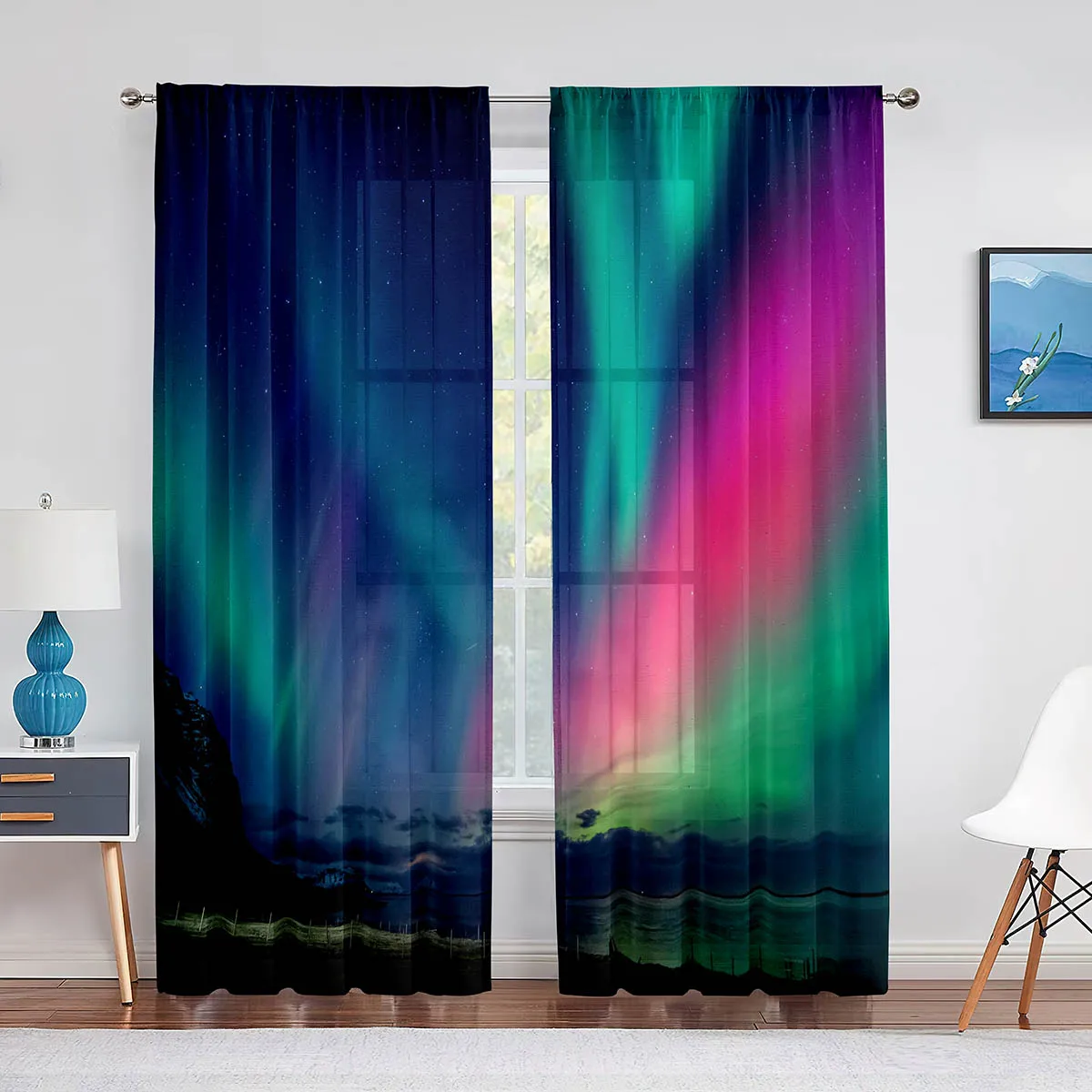 Colorful Aurora Tulle Curtains Beautiful Wonders of Nature Pattern Chiffon Sheer Voile Window Curtain for Bedroom Living Room