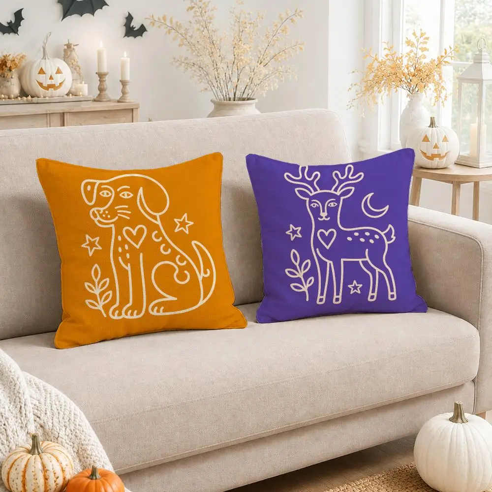 Colorful Animal Line Art Cushion Cover Linen Double-Sided Printed Pillow Case for Sofa Couch Bedroom Living Room