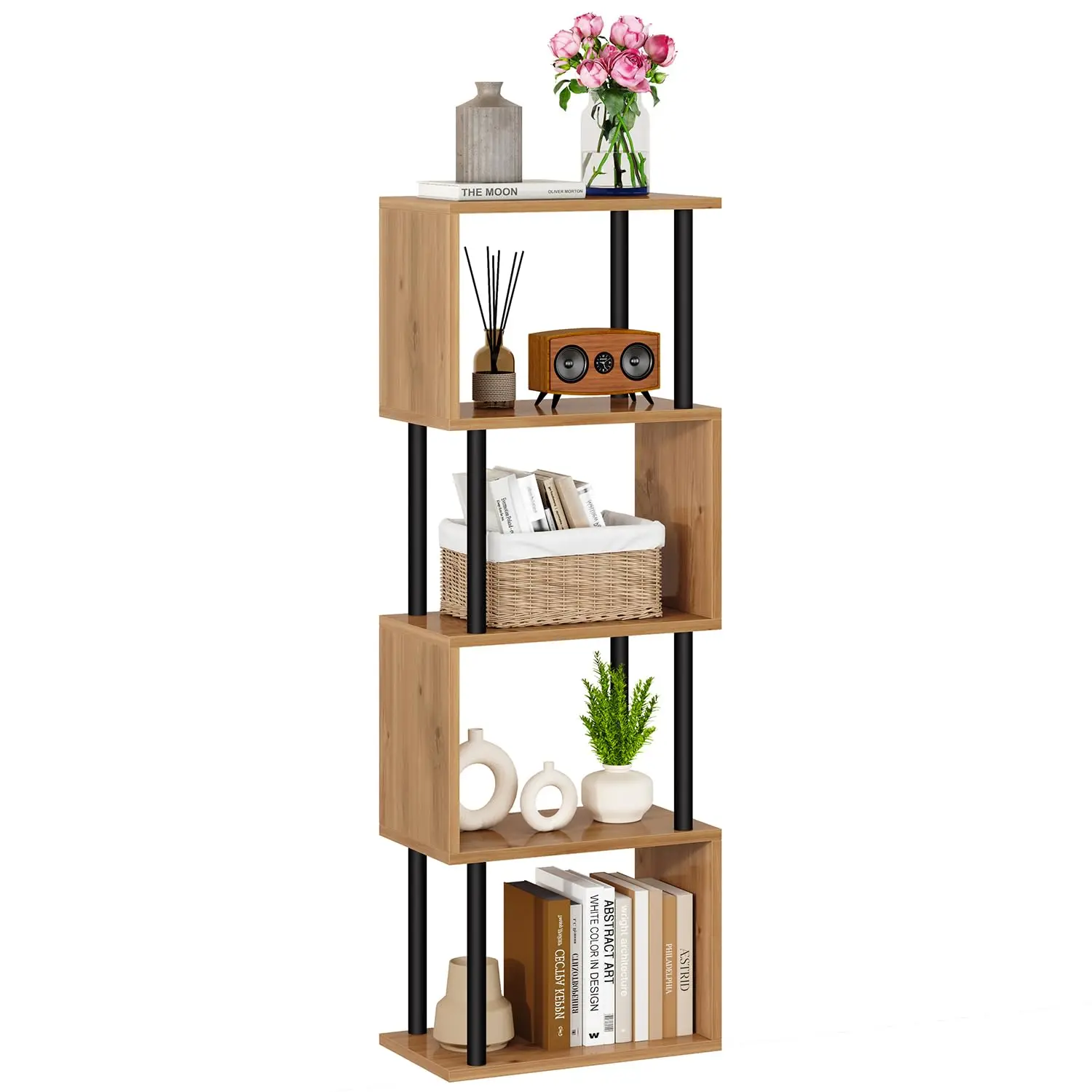 

6-Tier S-Shaped Wooden Bookshelf Industrial Style Display Shelf For Living Room Bedroom Office