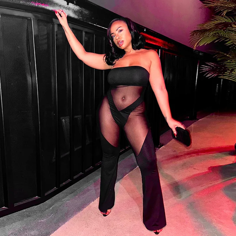 DSMTRC mujeres malla Patchwork abrigo pecho mamelucos ajustados Sexy ver a través de monos negros sin tirantes 2025 Coquette Midnight Clubwear