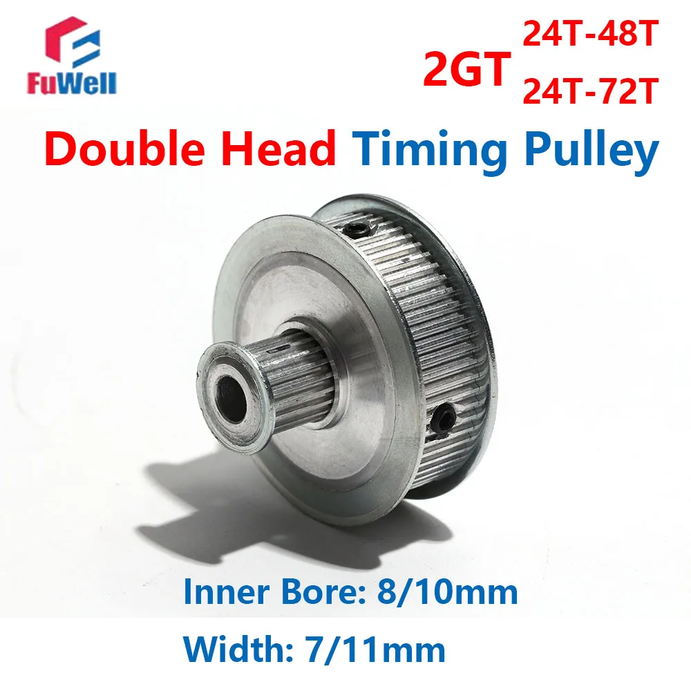 FuWell 2GT Timing Pulley 24T-48T/24T-72T 8/10mm Bore Double Head Gear Belt Pulley Aluminum Alloy GT2 24Teeth 48/72Teeth Pulley