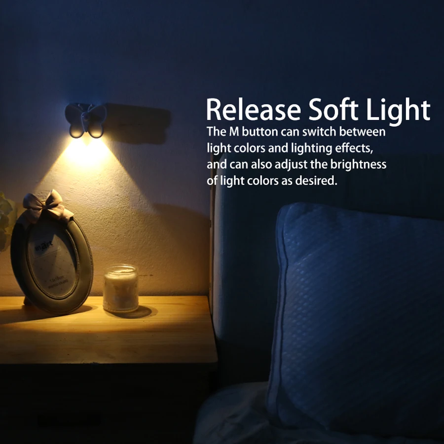 Motion Sensor LED Night Light Butterfly Rechargeble Night Lamp Bedside Bedroom Decoration Kitchen Cabinet Storage Night Lights
