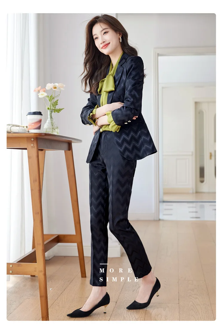 Green Wave Women Suits Set 2024 Formal Office Lady Jacket+Pants Black Khaki Cotton Blazer Trousers Spring Cotton Prom Dress