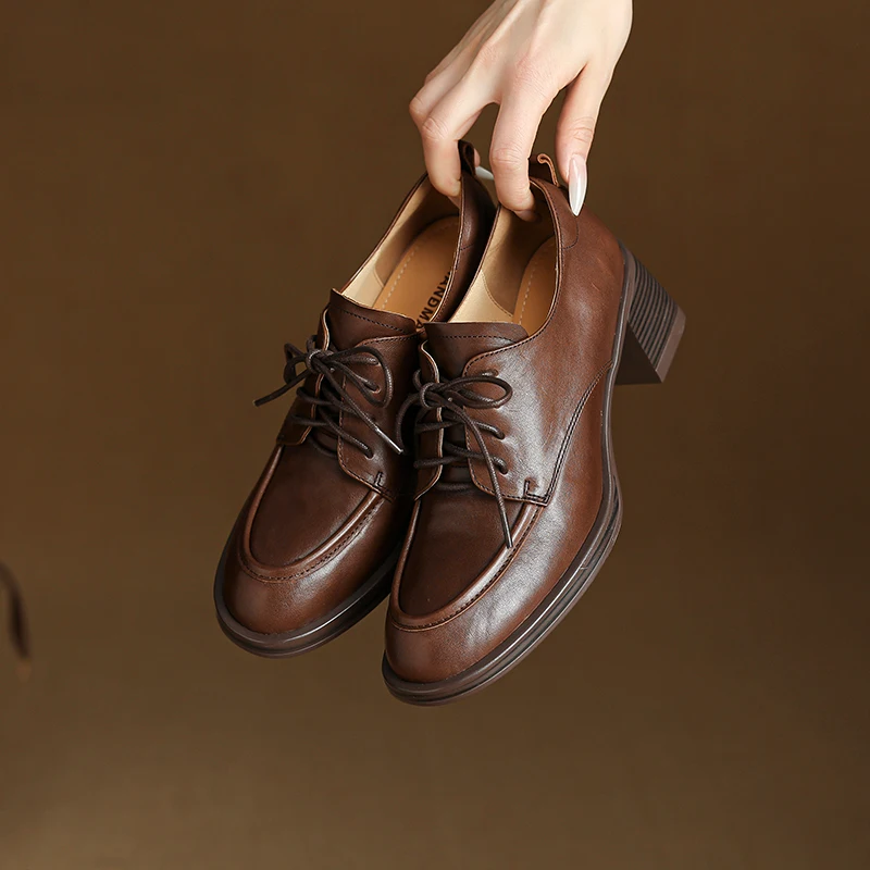 

Fashion Women Summer Loafers Shoes Brogue Genuine Leather Oxford Shoes Round Toe Casual Mid Heels Daily Size 34-40