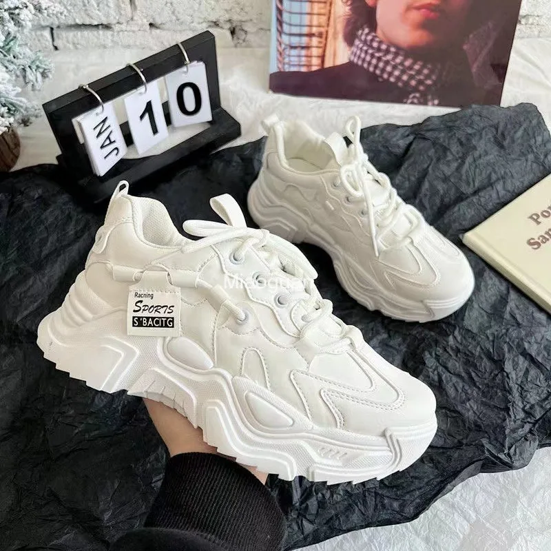 Women‘s Platform Chunky Sneakers 2024 New Casual Vulcanized Shoes Femme Lace Up Sport Shoes Ladies Fashion Black White Footwear