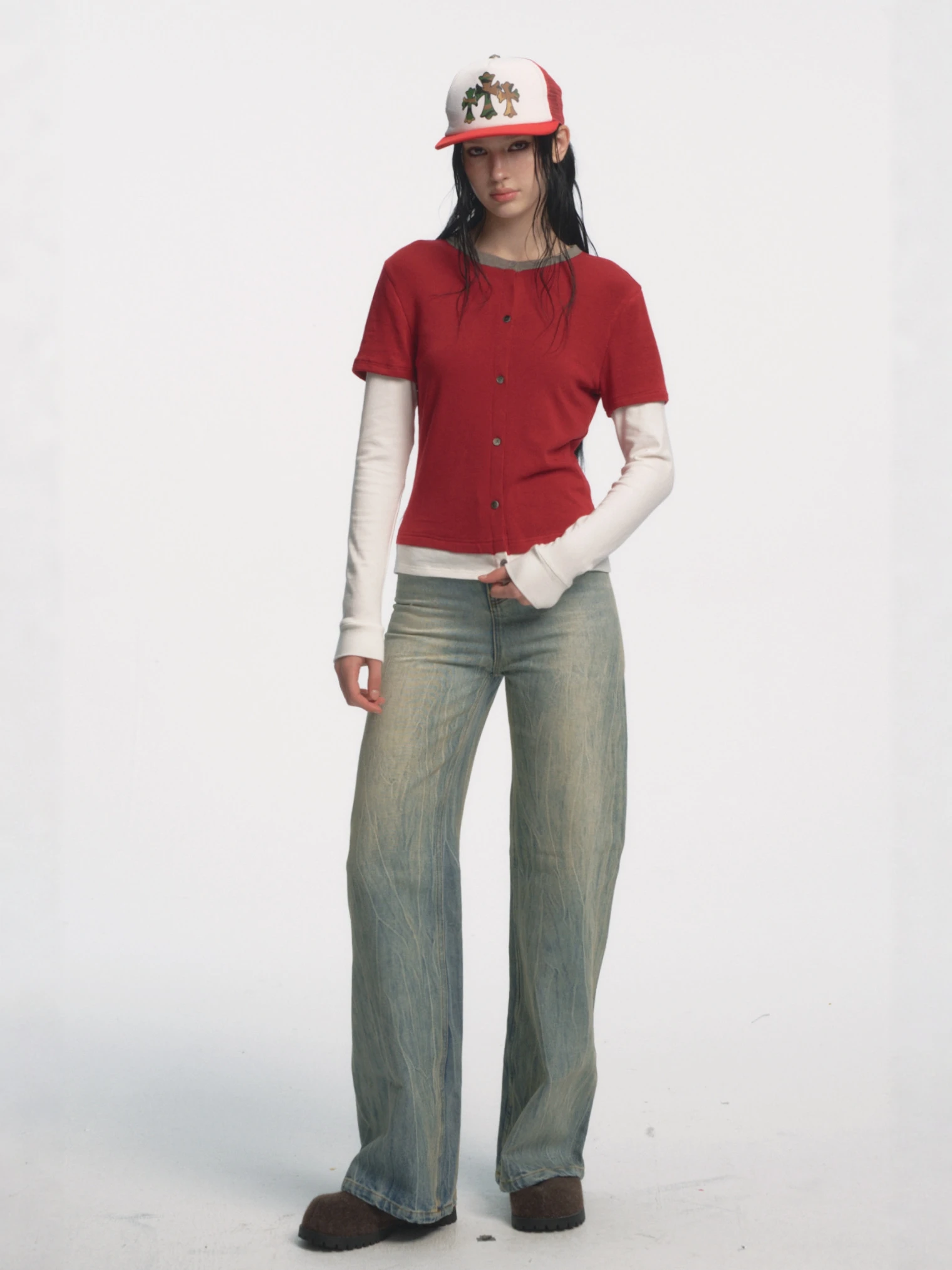 

Женская хлопковая футболка Muirgen 2025 Cisas Sle Color Blo Casual Elastic с длинным рукавом и круглым вырезом