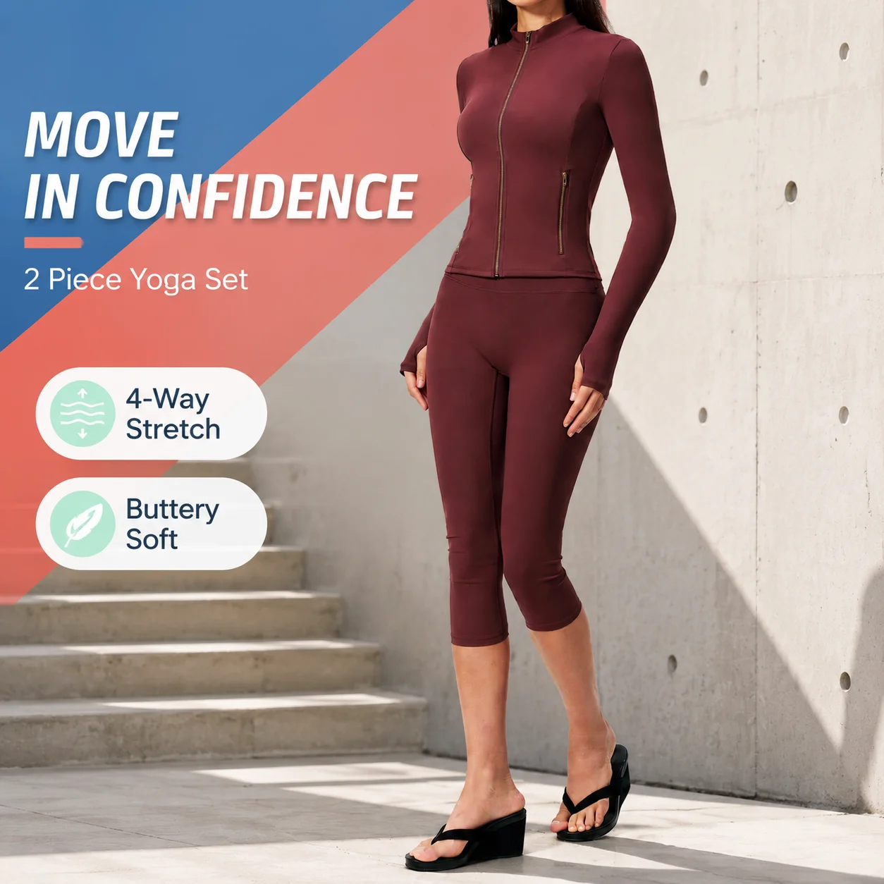 Women 2 Piece Yoga Set Zip Up Jacket High Waist Capri Leggings Gym Workout Activewear Set