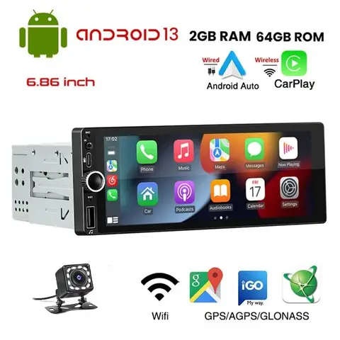 1 Din 안드로이드 자동차 라디오 무선 CarPlay 유선 안드로이드 자동 Wifi 블루투스 핸즈프리 GPS FM RDS USB 6.86 