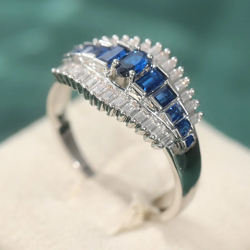 Exquisiter, mit weißen und blauen CZ-Steinen besetzter Damenring, elegante silberne Farbe, geometrisch, für den täglichen Gebrauch, Partyschmuck, Jubiläumsgeschenk – Detail 4