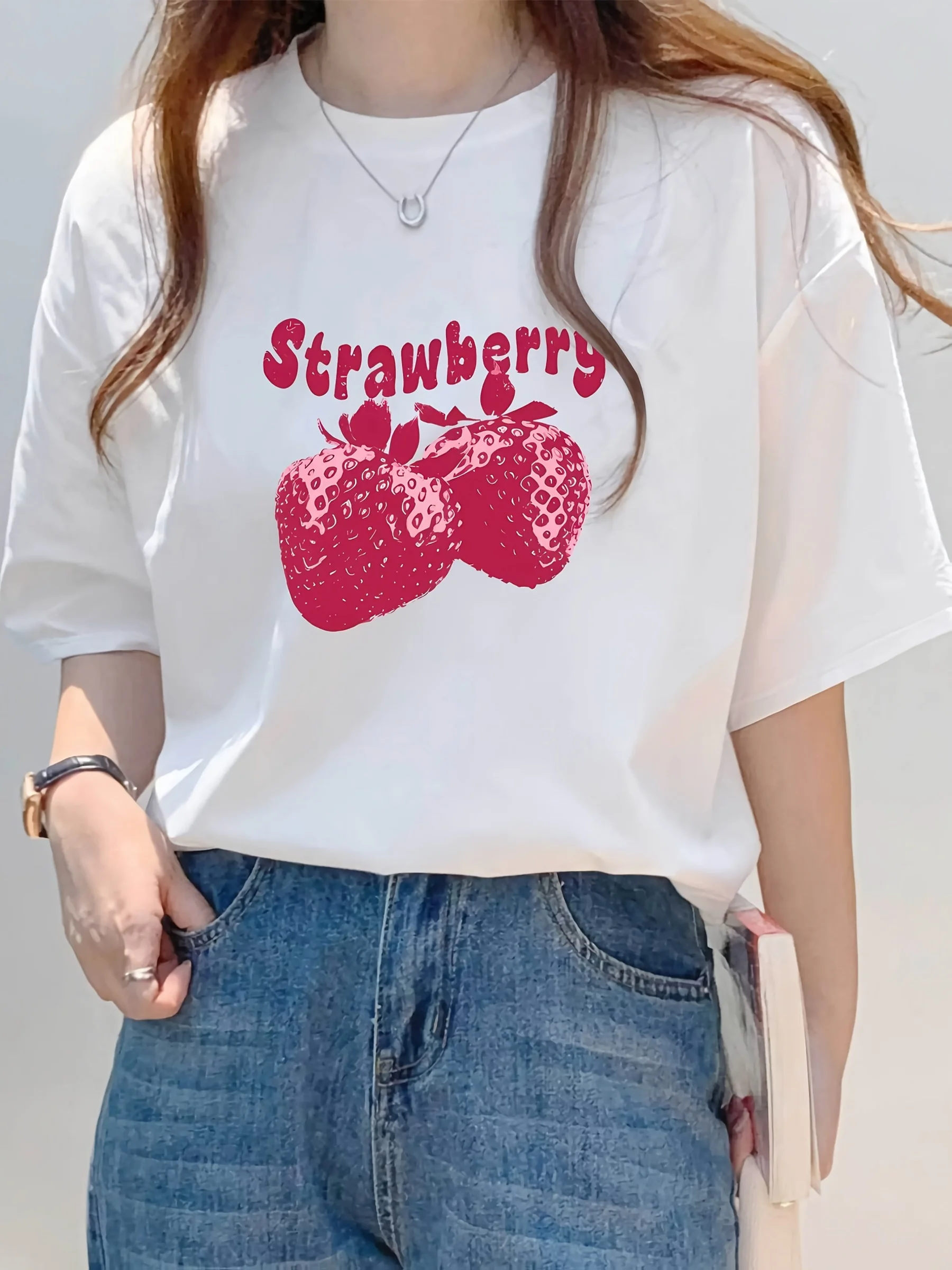 

Pure Strawberry Print Casual T-Shirt for Women Round Neck Short Sleeved Harajuku Short Sleeve Casual Aesthetic Clothes