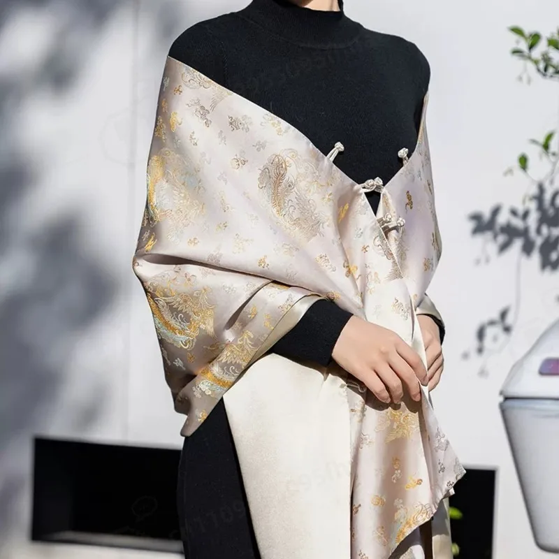 New Chinese Style Brocade Outer Shawl 100% Natural Mulberry Silk Scarf with Traditional Frog Buttons