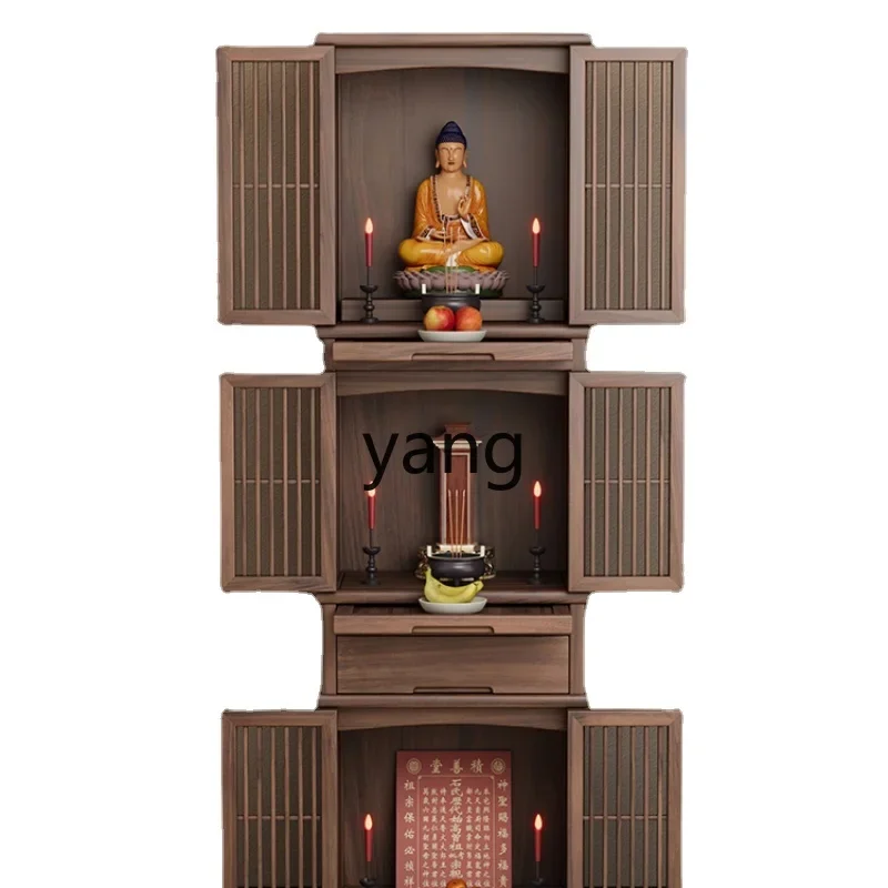 LMM, Black Walnut Buddha Niche Altar Cabinet 3-Layer Tape Door Chinese Style Clothes Closet Buddha Cabinet Worship Table