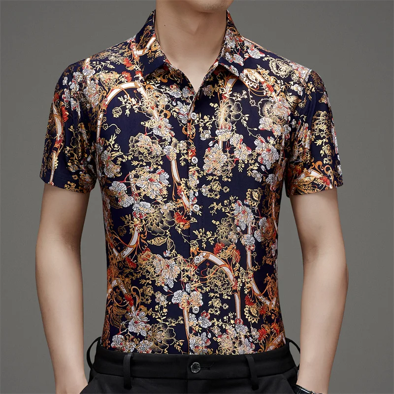 

New in Chinese Style Original Men's Shirts Short Sleeved Lucky Dragon Pattern Summer Mans Clothing