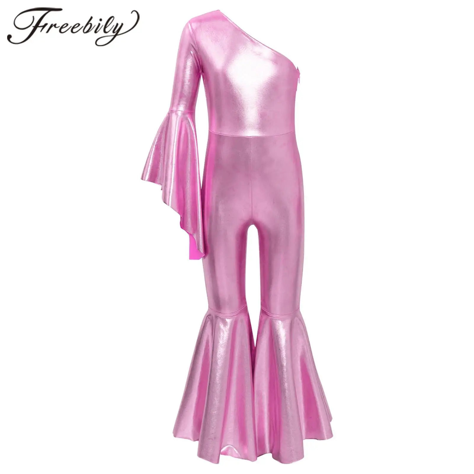 

Kids Girls Metallic Jazz Dance Costume Jumpsuit One Shoulder Shiny Bell-Bottom Theme Party Performance Children Fashion Bodysuit