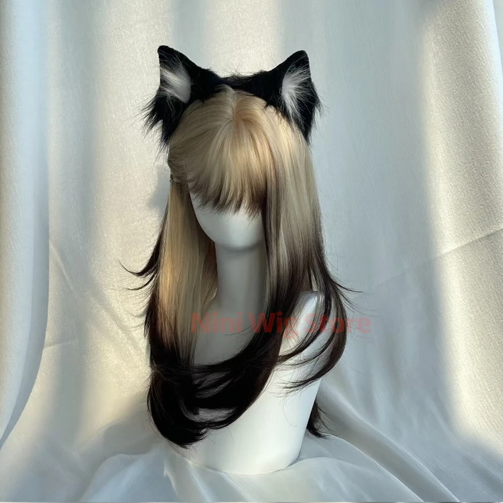 Black Gold Gradient Layered Wig with Bangs Nature Straight Wig For Women Cosplay Lolita Party Halloween Daily Use Heat Resistant