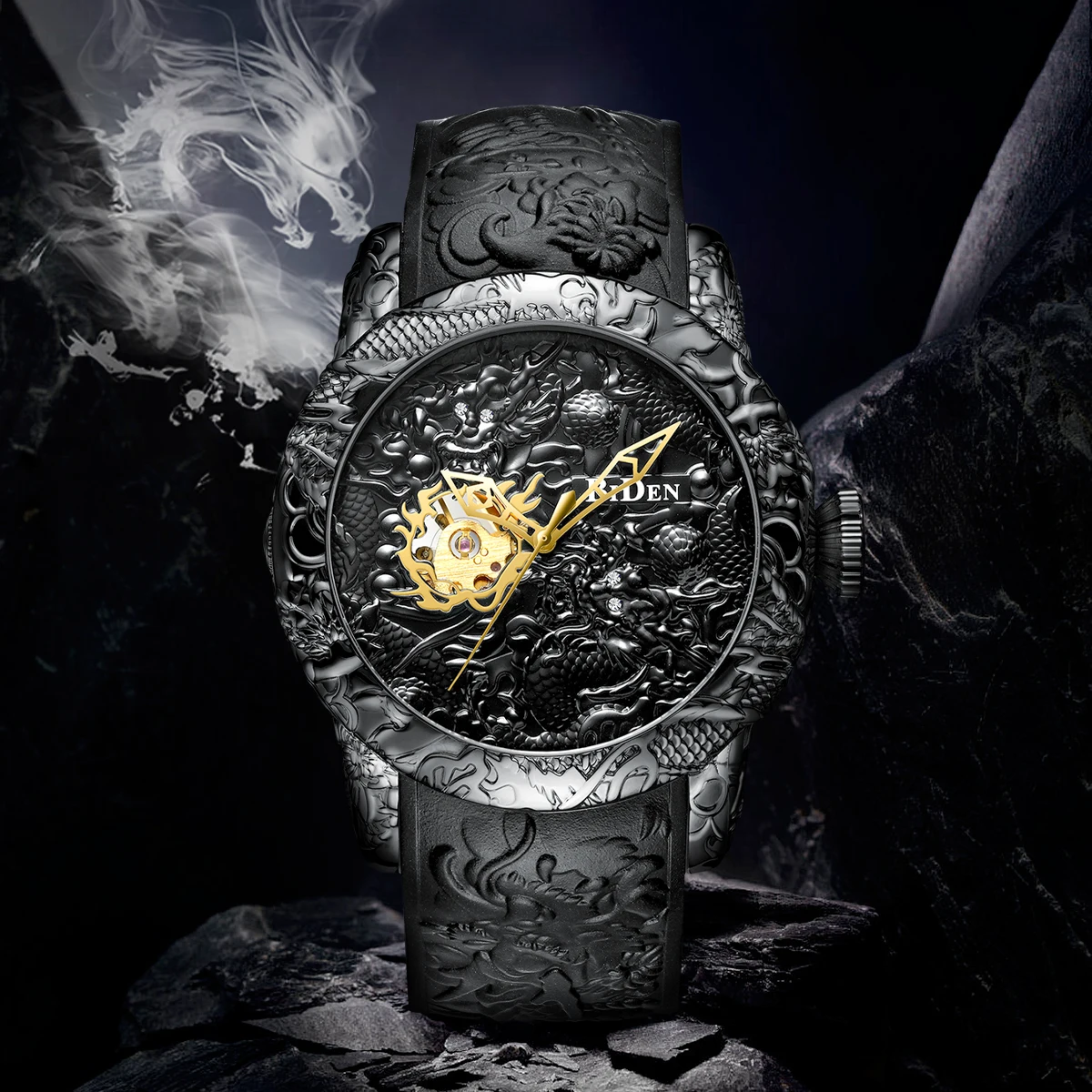 BIDEN high-quality large dial men\'s watch 3D carved dragon waterproof mechanical quartz watch elegant men\'s gift+free gift box