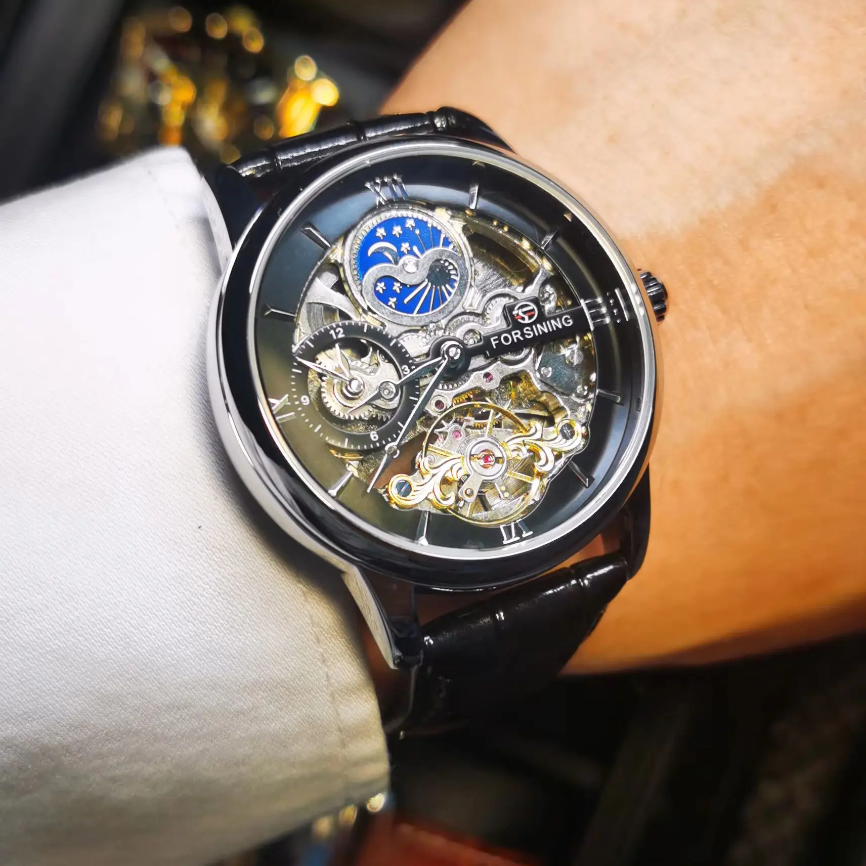 

Forsining Luxury Skeleton Mechanical Watches for Men Dual Time Zone Tourbillion Automatic Watch Genuine Leather Strap Moon Phase