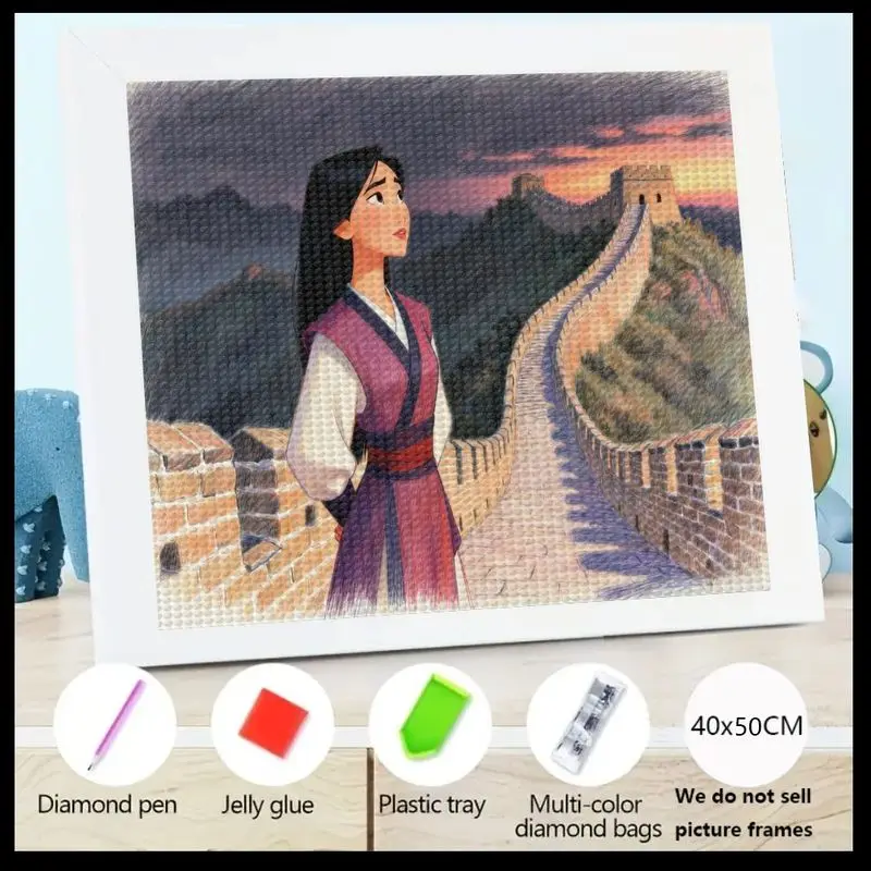 

1PC Disney Mulan 5D Diamond Painting Kit, Full Drill DIY Warrior Princess Art on Great Wall of China Sunset Landscape, Large 40x