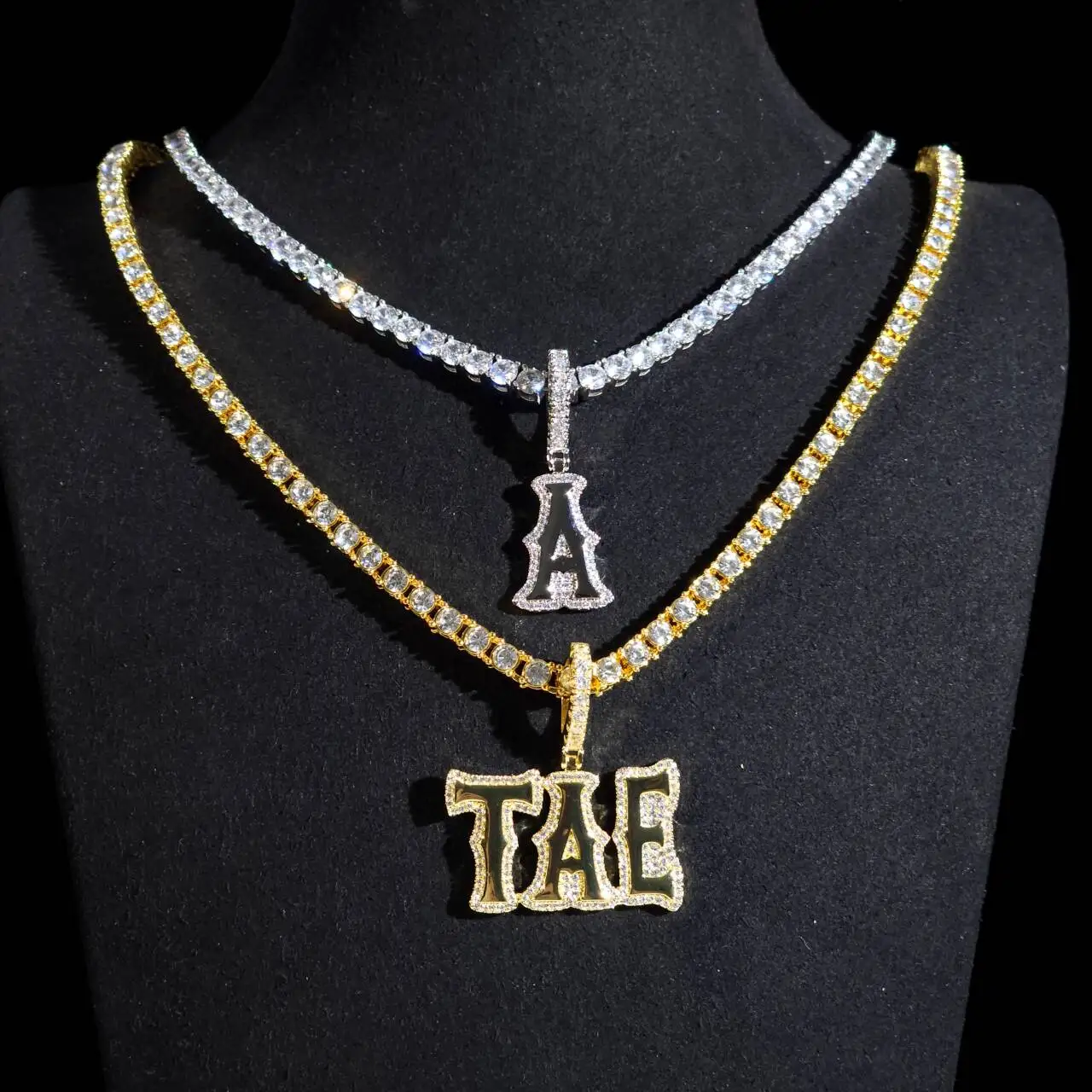 Custom Double Layers Gothic Font Letters Pendant Iced Out Cubic Zirconia Necklace Personalized Hiphop Punk Jewelry For Women Men