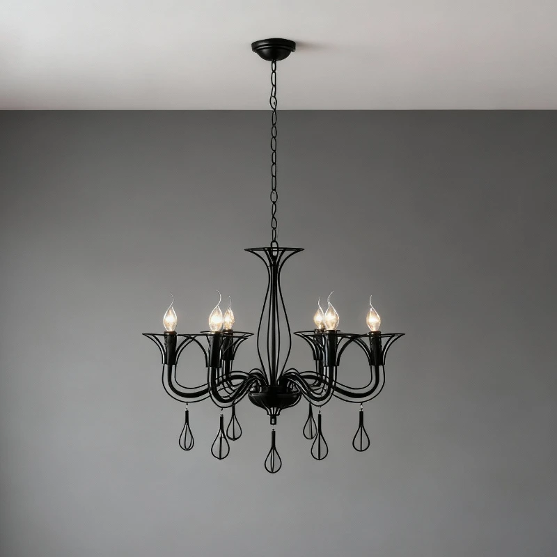 Industrial Black Wrought Iron Chandeliers Retro Candle Frame LED Droplights Living Room Restaurant Master Bedroom Pendant Lamps