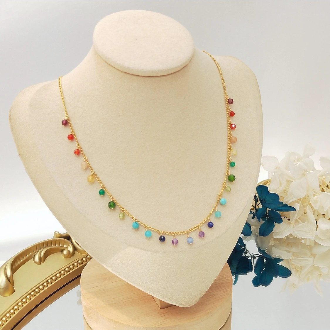 Lii Ji  Multi Stone 3-4mm Sparkling  American14K Gold Filled Chain Necklace 38+3cm Rainbow Jewelry For Women Girls