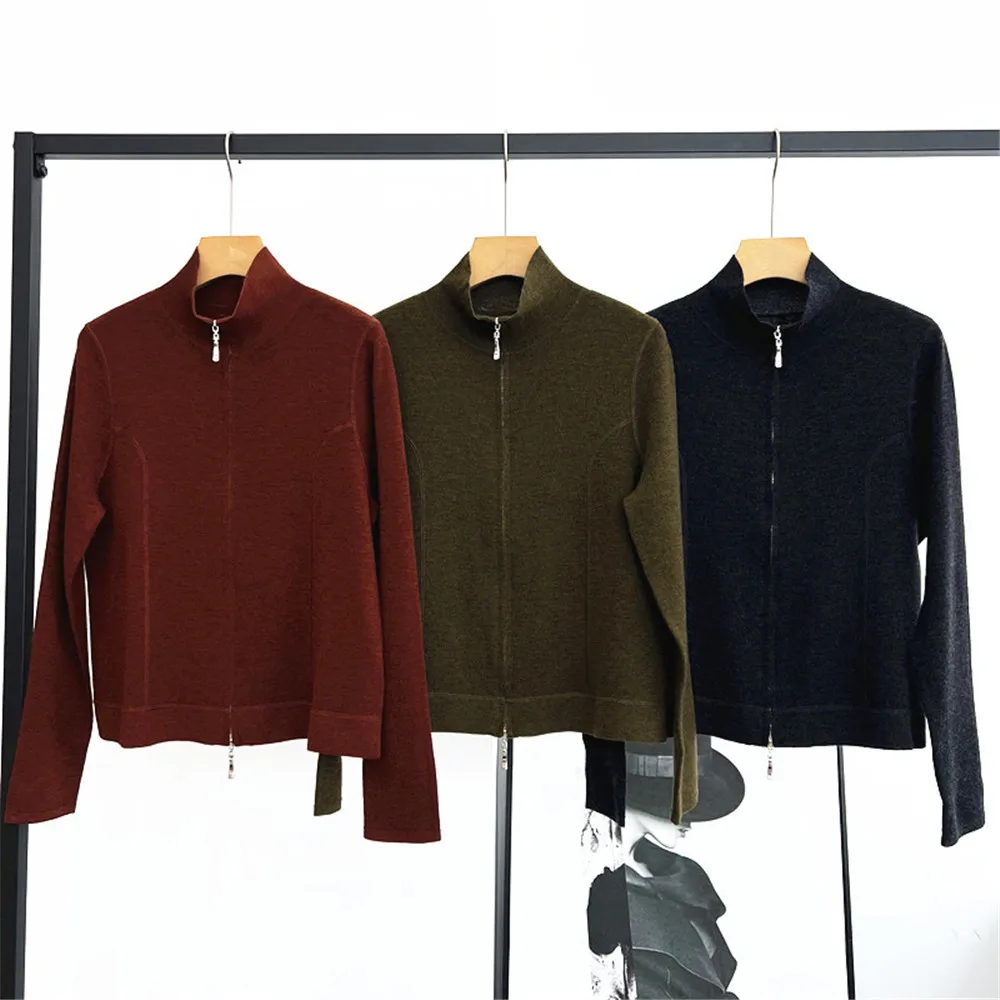 

25Autumn/Winter New Women's Standing Collar Long Sleeved Loose Slimming Zipper 100% Wool Knitted Cardigan Sweater