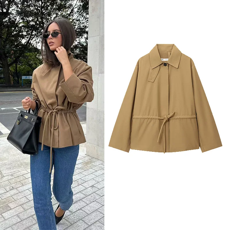 

HipSeam Women Short Jacket with Adjustable Waist Autumn Fashion Long Sleeve Lapel Women's Parka Pocket Coats Female Chic Tops
